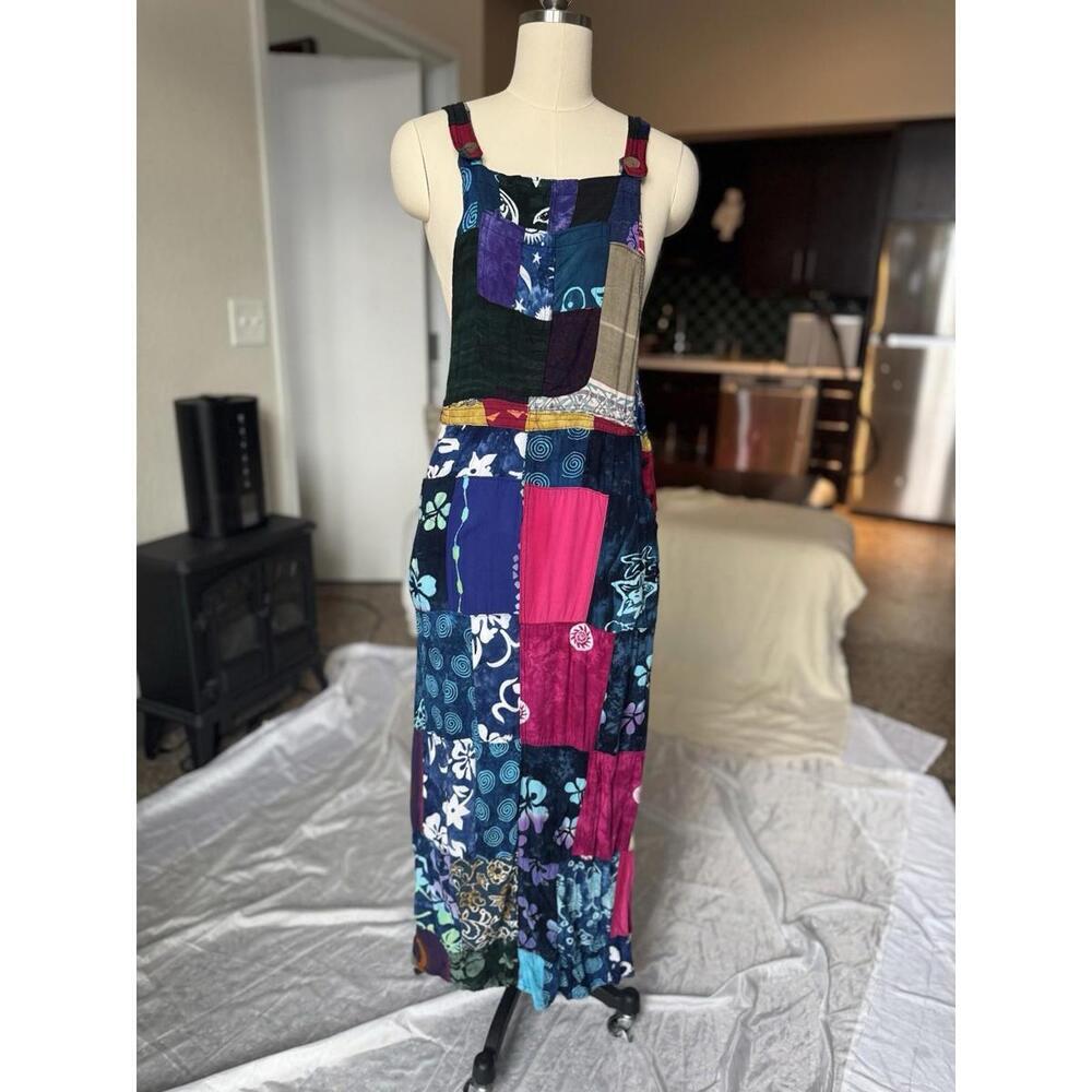 Patchwork Overall Bib Dress Handmade Tribal Maxi Festival Cotton Sz Small